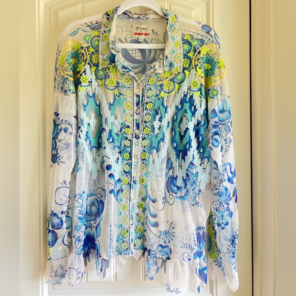 Johnny Was Sheer Embroidered Top